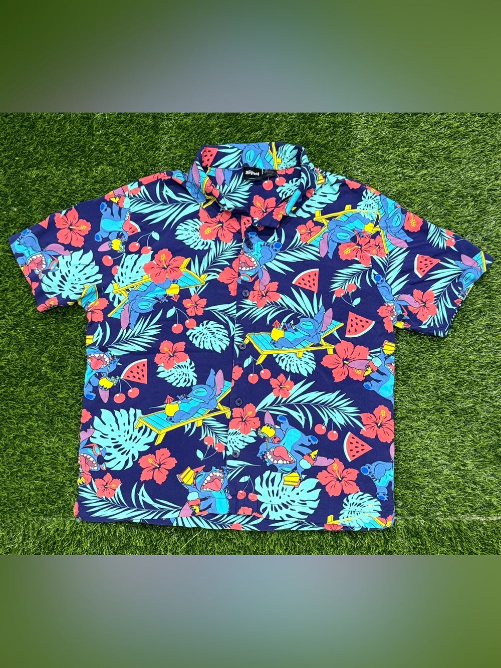 Disney Stitch Mens Button Up Shirt L 36-38 Short Sleeve Blue Floral Tropical